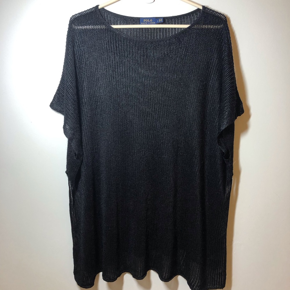 Polo Ralph Lauren knit loose fit short sleeve top with deep side slits black.